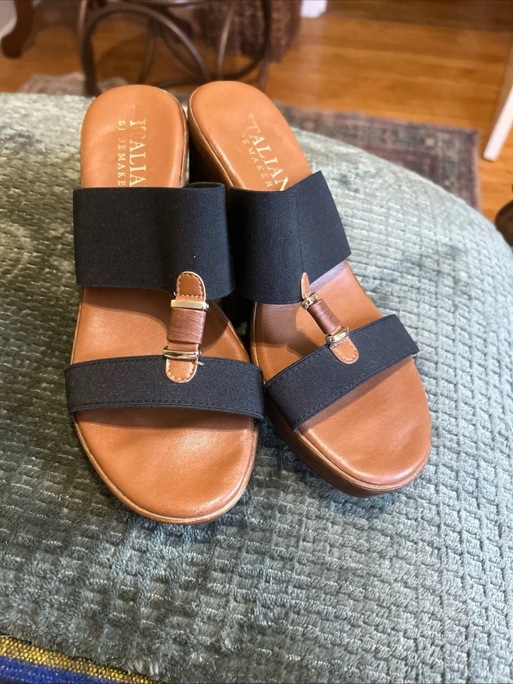 Italian Shoemakers Women's Black Platform Wedge Sandals elastic strap Italy  10